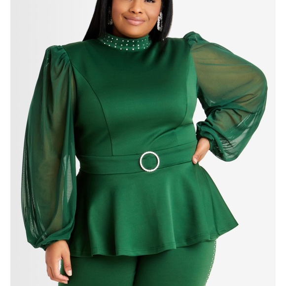 Ashley Stewart Tops - Rhinestone Trim Mesh Sleeve Top